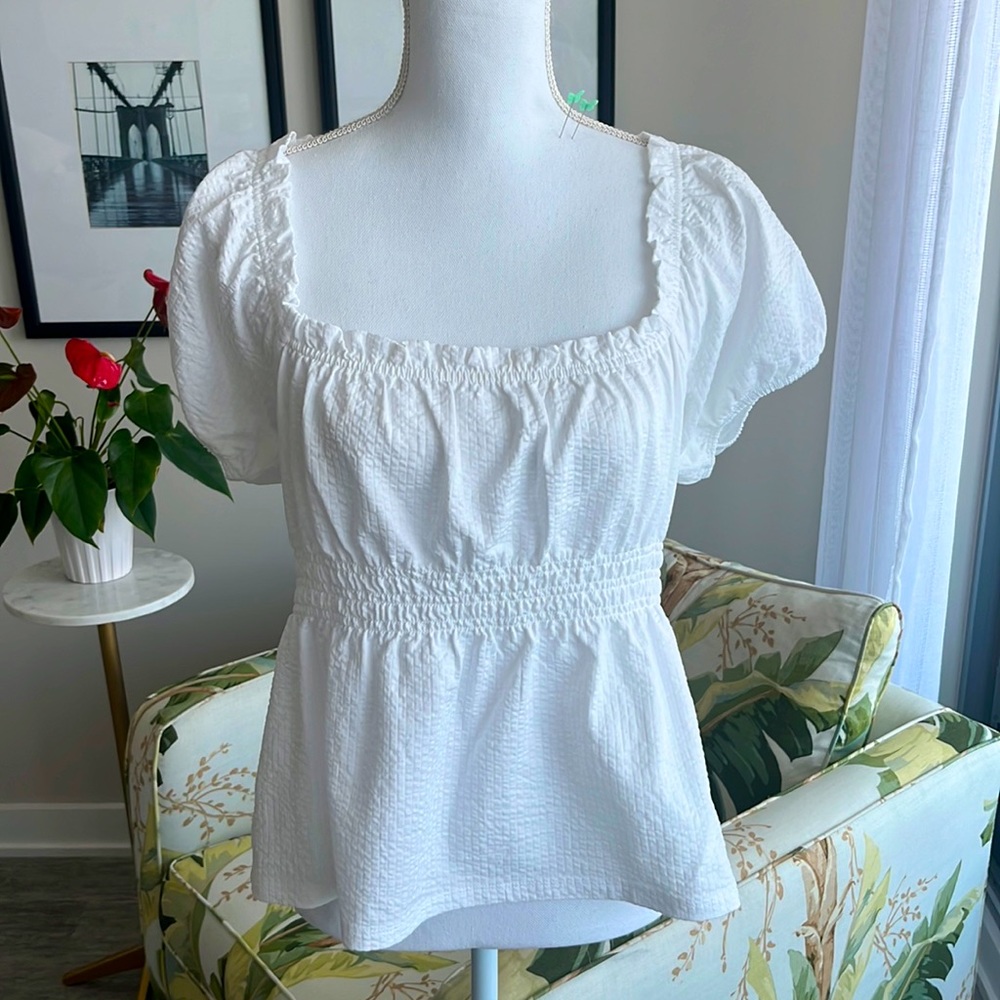 J. Crew White Seersucker Smocked Top - Large